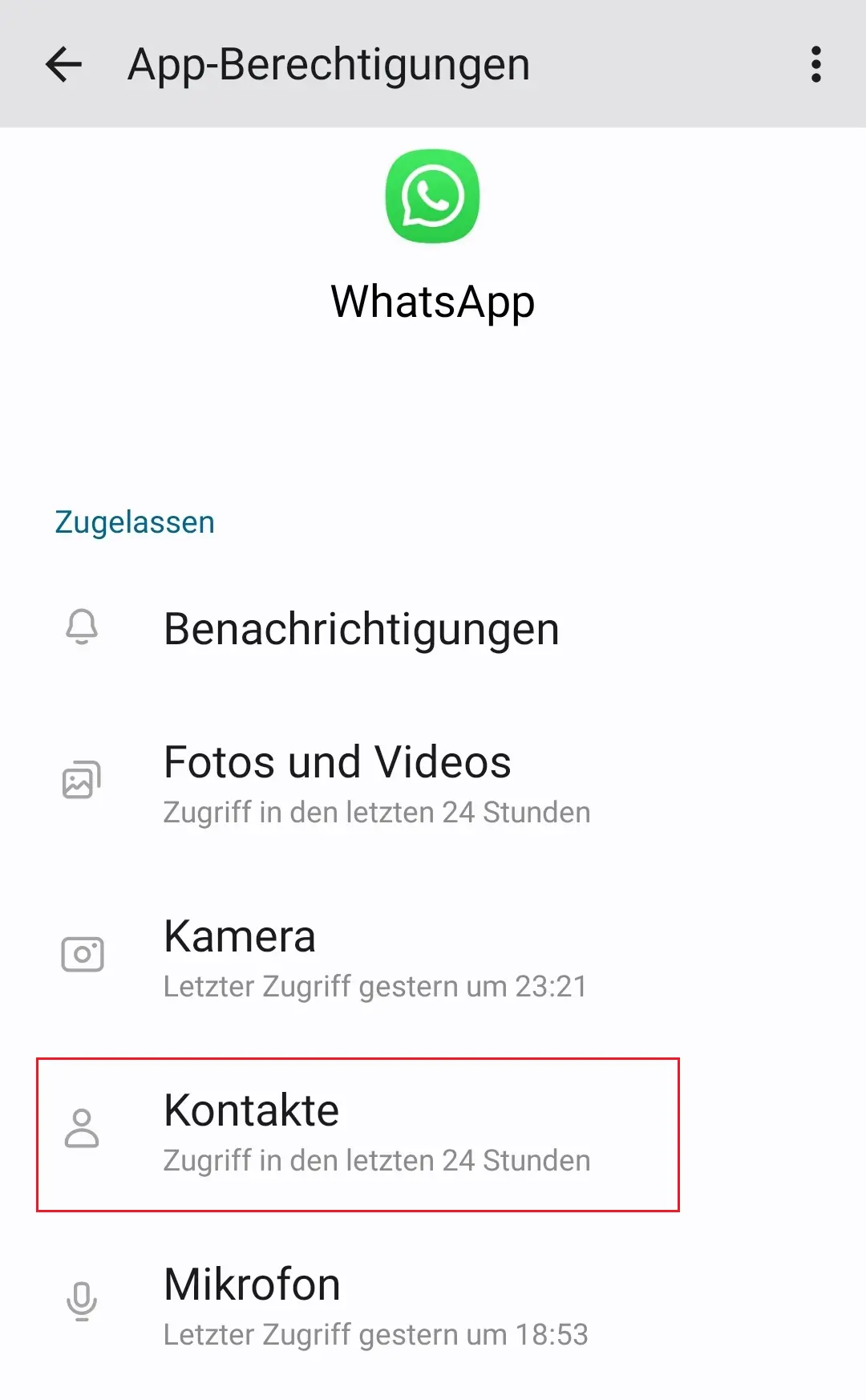 Die WhatsApp-Berechtigung für den Zugriff auf Telefonkontakte Bild: Die WhatsApp-Berechtigung für den Zugriff auf Telefonkontakte