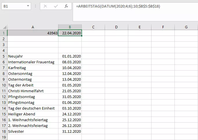 ARBEITSTAG-Funktion in Excel mit Liste an Feiertagen