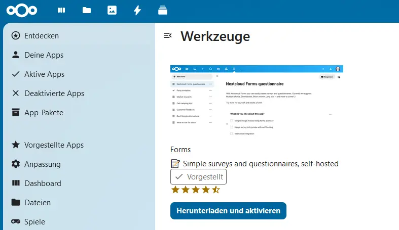 Installation der Nextcloud-Formular-App „Forms“: Bild: Installation der Nextcloud-Formular-App „Forms“: