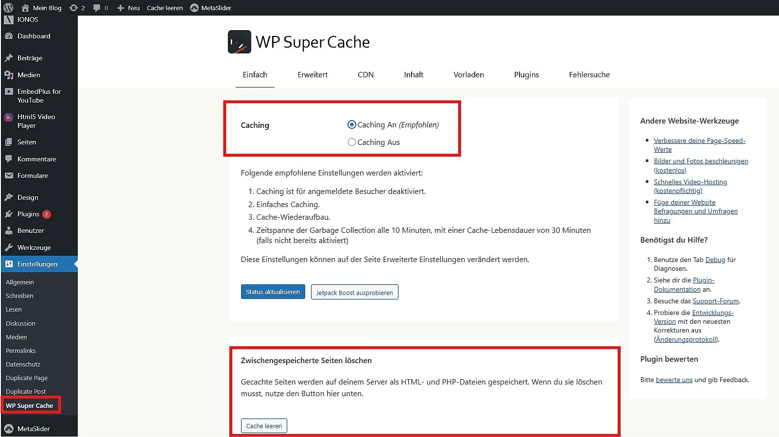 WP Super Cache Einstellungen: Möglichkeit, den WordPress-Cache zu leeren Bild: WP Super Cache Einstellungen: Möglichkeit, den WordPress-Cache zu leeren
