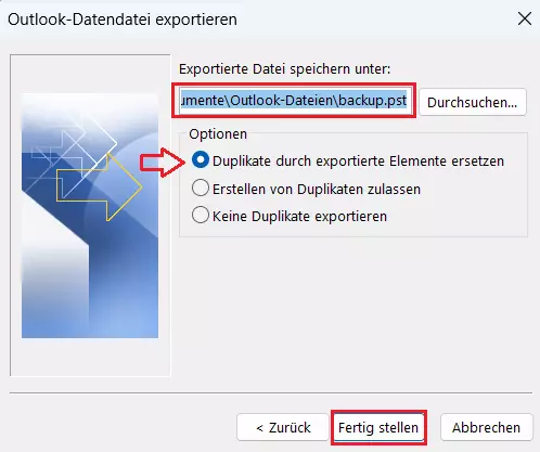 Import/Export-Assistent von Outlook: Wahl des Speicherorts für das Outlook-Backup Import/Export-Assistent von Outlook: Wahl des Speicherorts für das Outlook-Backup