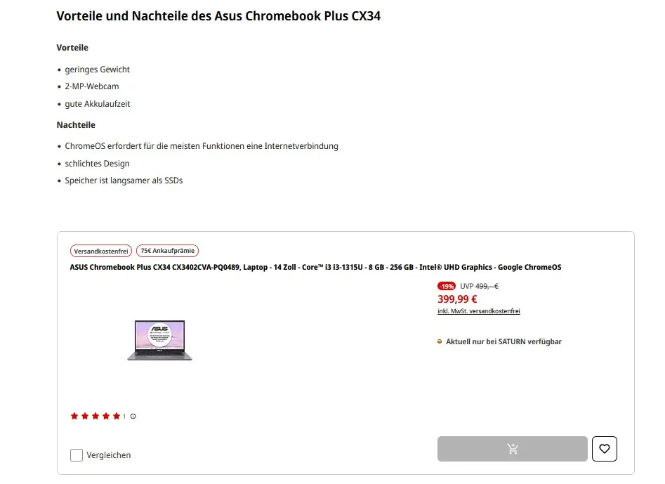 Bild: Mediamarkt.de Landingpage: CTA-Detailansicht eines Notebooks