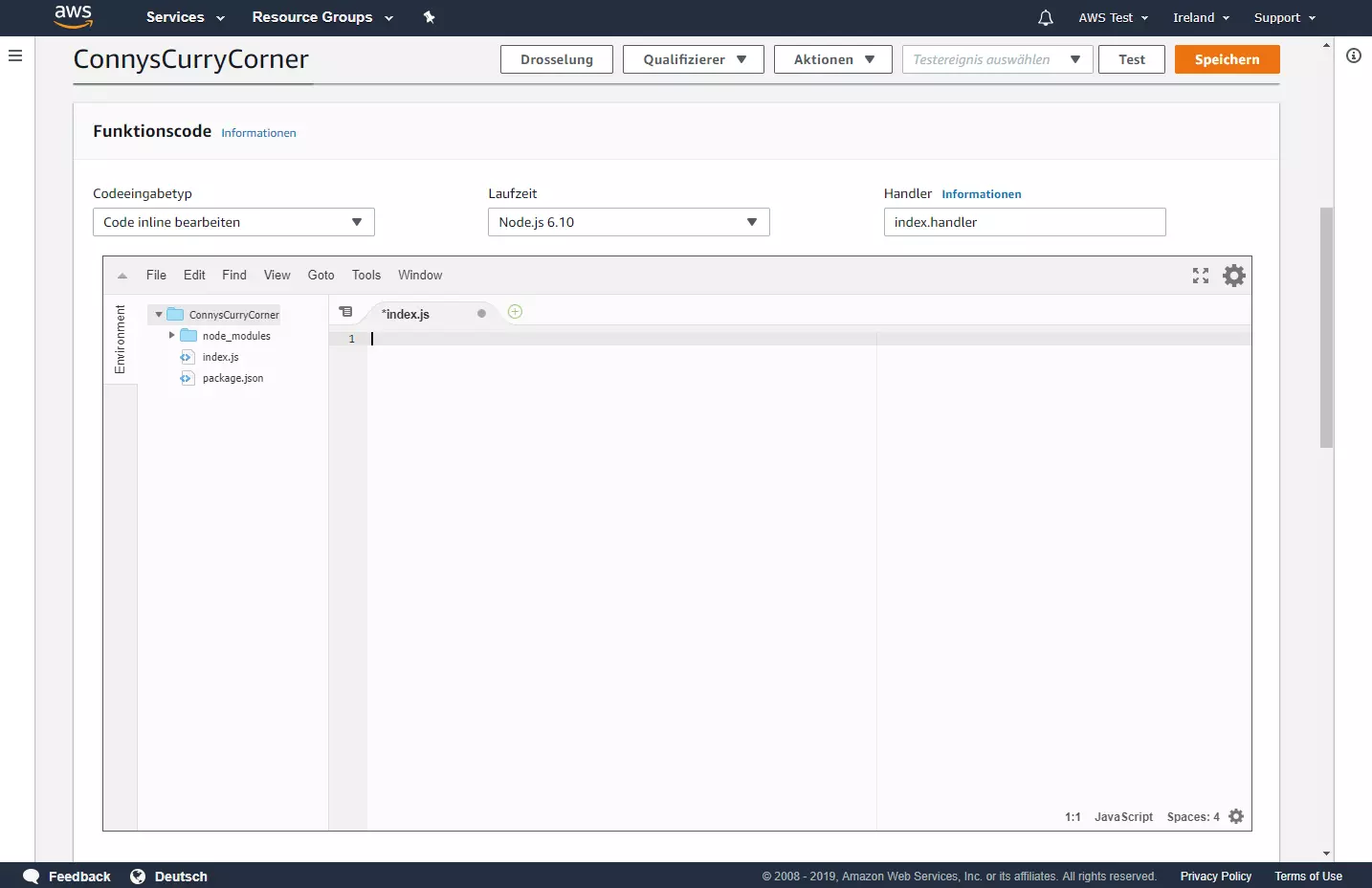 Bild: AWS-Management-Konsole: Der Code-Editor der Lambda-Funktion
