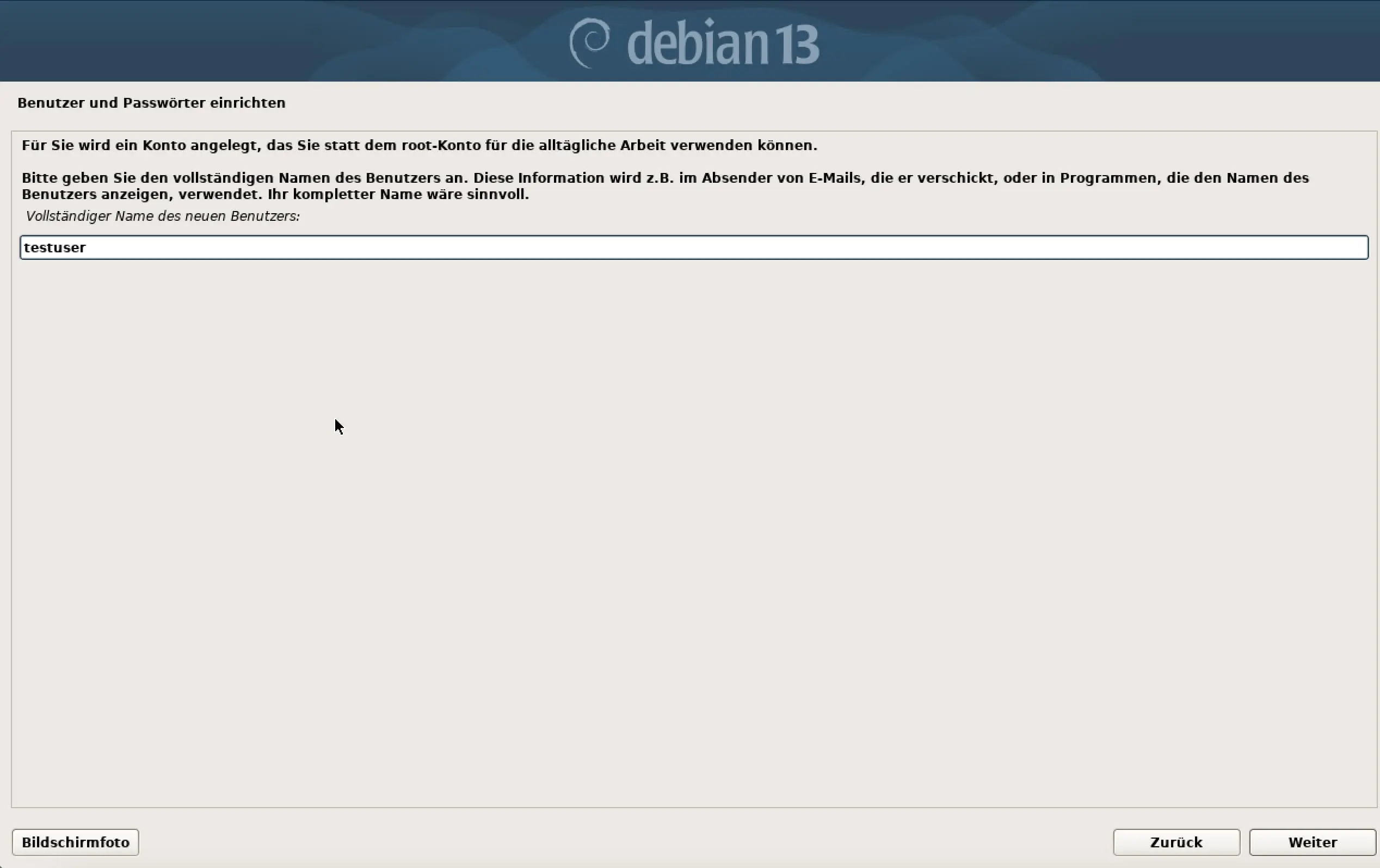 Bild: Screenshot der Debian-13-Installation: Benutzer festlegen