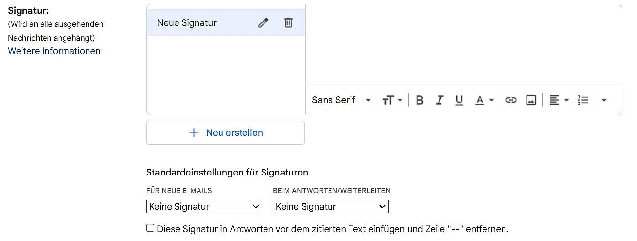 Gmail-Einstellungen mit geöffnetem Bereich Signatur und Editor Bild: Gmail-Einstellungen mit geöffnetem Bereich Signatur und Editor