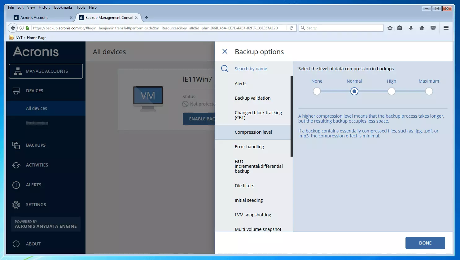 Bild: Die Backup-Management-Konsole von Acronis Backup 12.5: Menü zur Auswahl des Kompressionsmodus