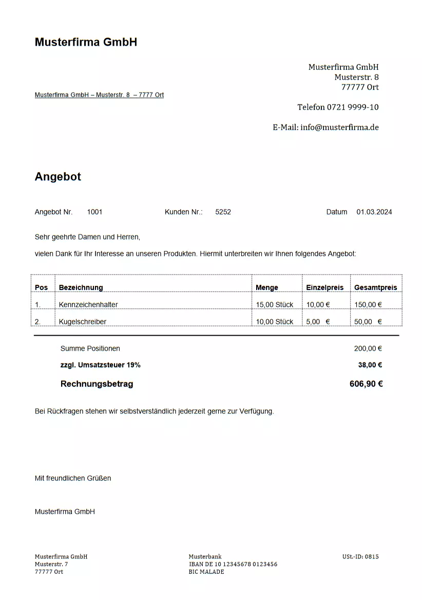 Bild: Angebotsvorlage Musterbeispiel