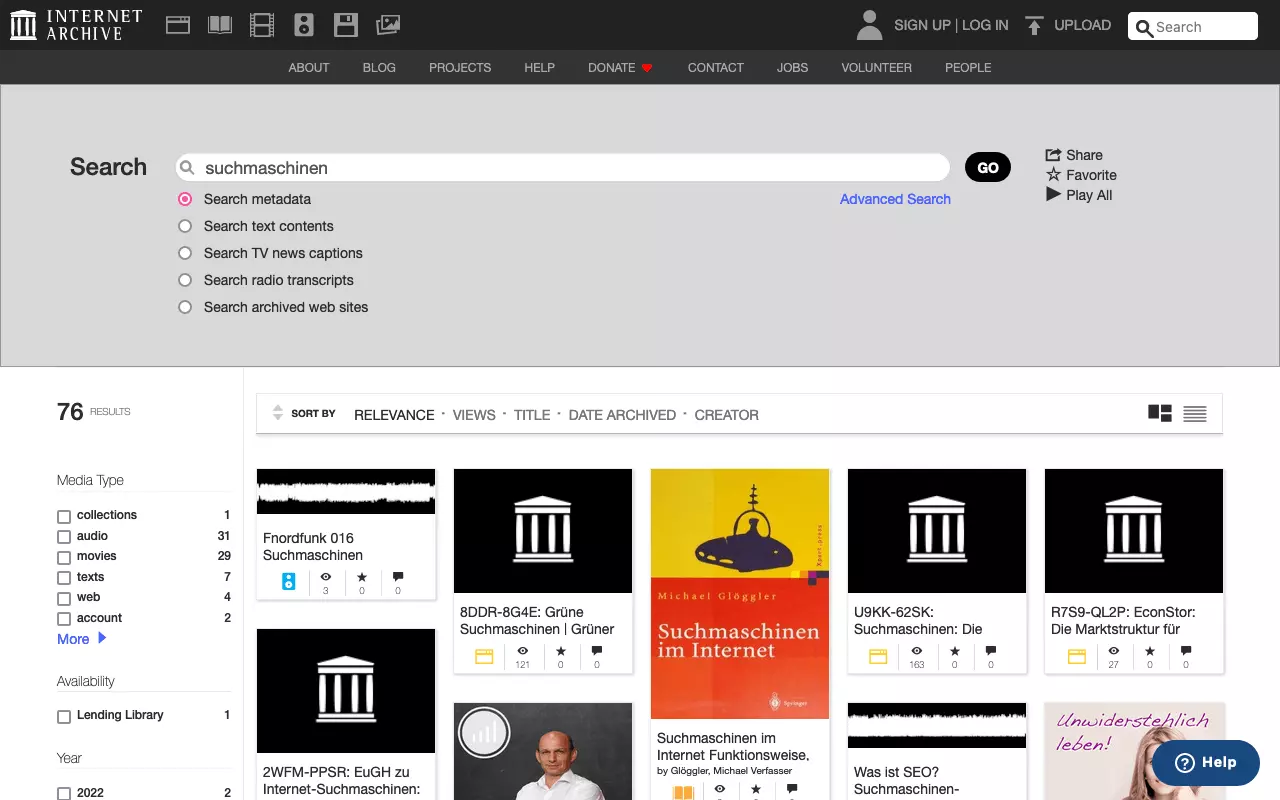 Bild: Internet Archive Search-Suchergebnisse für den Begriff „Suchmaschine“