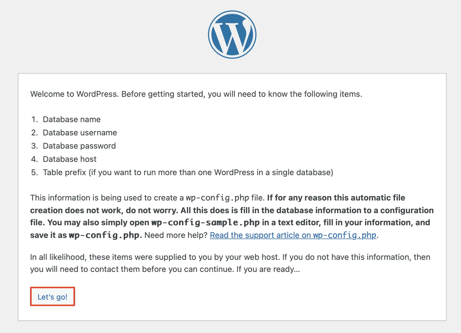 Bild: Screenshot des WordPress-Installationshinweises