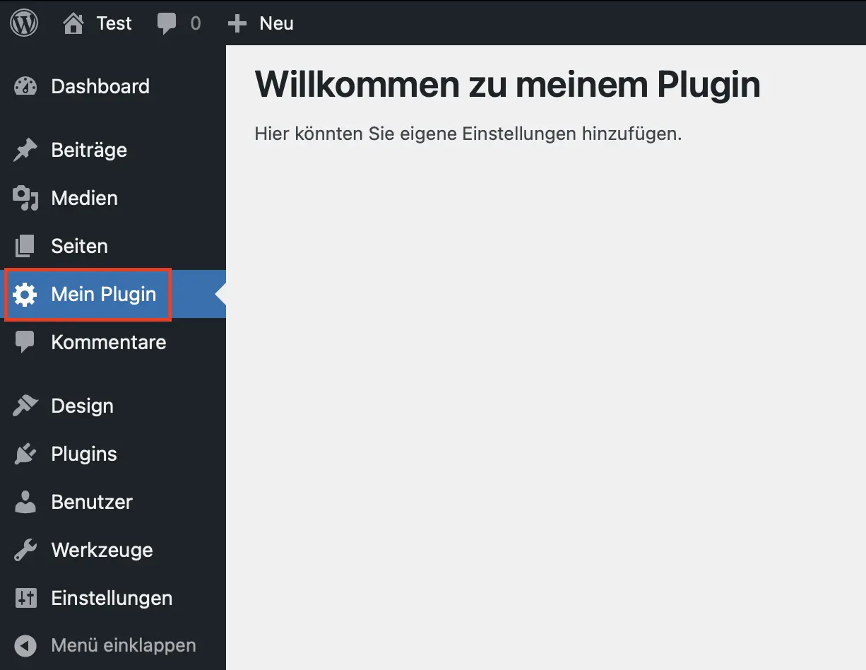 Bild: Menüpunkt des eigenen WordPress-Plugins