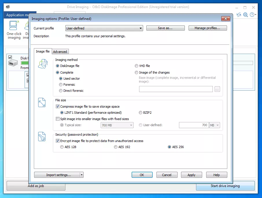 Bild: O&O DiskImage Professional 11.0: Menü zur Auswahl der Imaging-Optionen