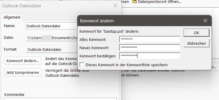 Outlook-Datendateimenü: Kennwort ändern Bild: Outlook-Datendateimenü: Kennwort ändern