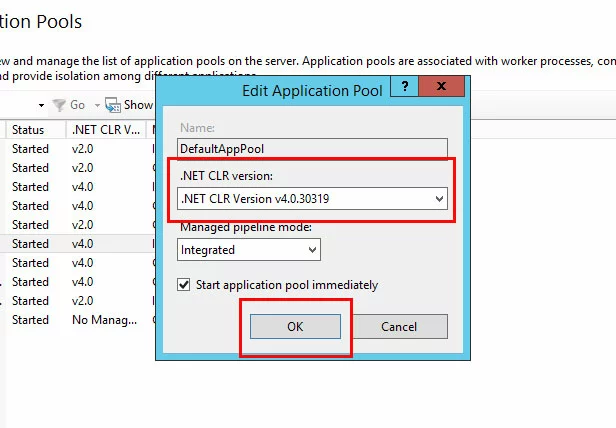 Bild: IIS-Manager, Application Pools: .NET-Version auswählen