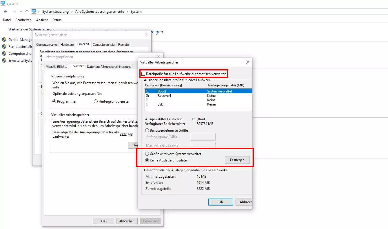 Bild: Einstellungen für virtuellen Arbeitsspeicher in Windows 10