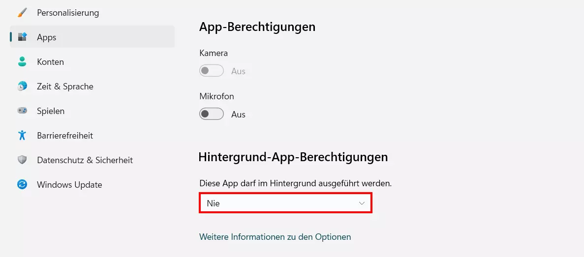 Windows 11: „Erweiterte Einstellungen“ einer App mit Hintergrund-Berechtigungen