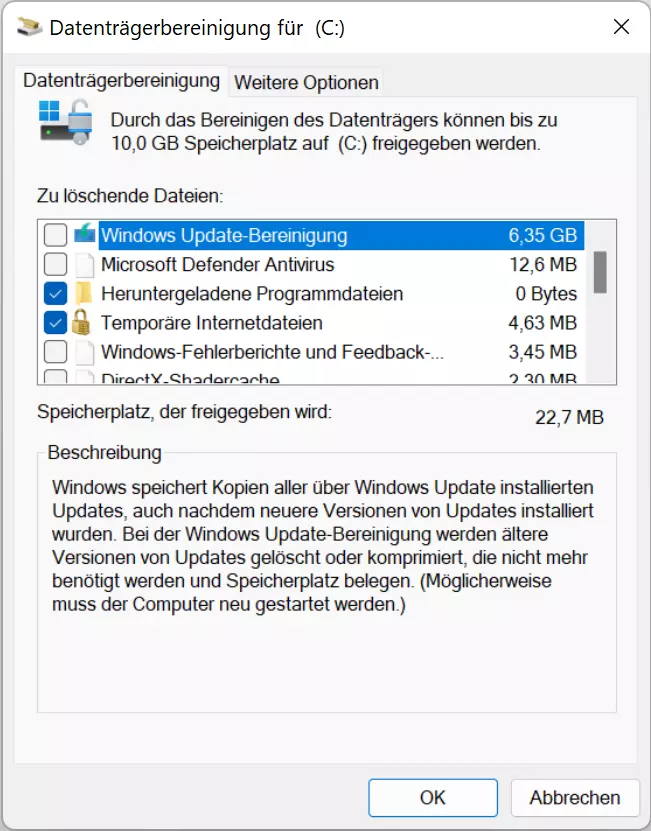 Auswahl der zu löschenden Systemdateien Auswahl der zu löschenden Systemdateien