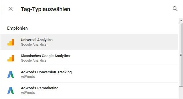 Bild: Auswahl des Tag-Typs in Google Tag Manager