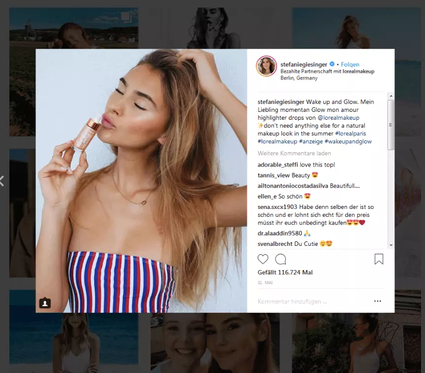 Bild: Bild zeigt einen Instagram-Post von Stefanie Giesinger, die für Make-up von L’Oréal Paris wirbt