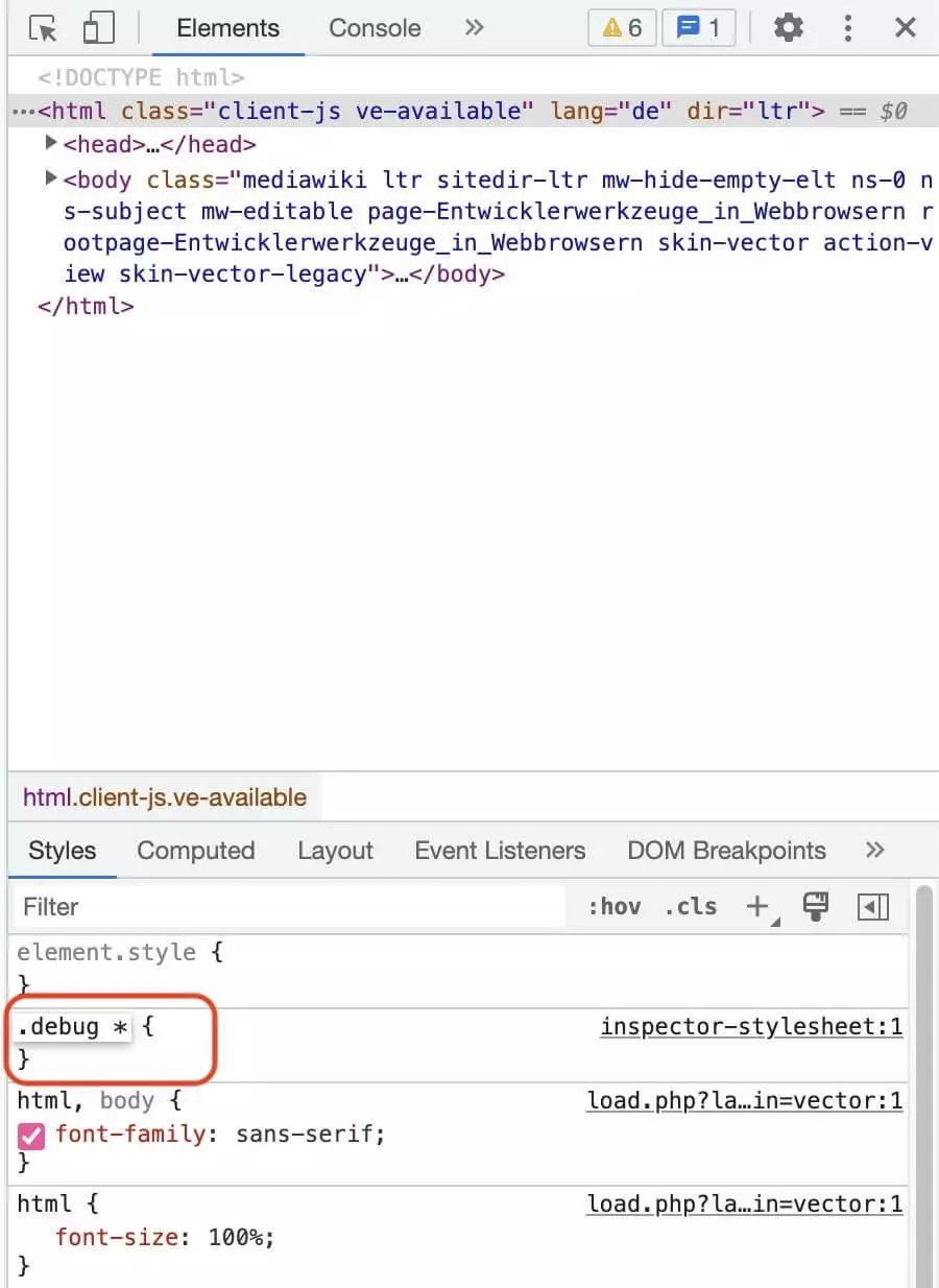 Bild: Selektor für die Debug-Style-Regel