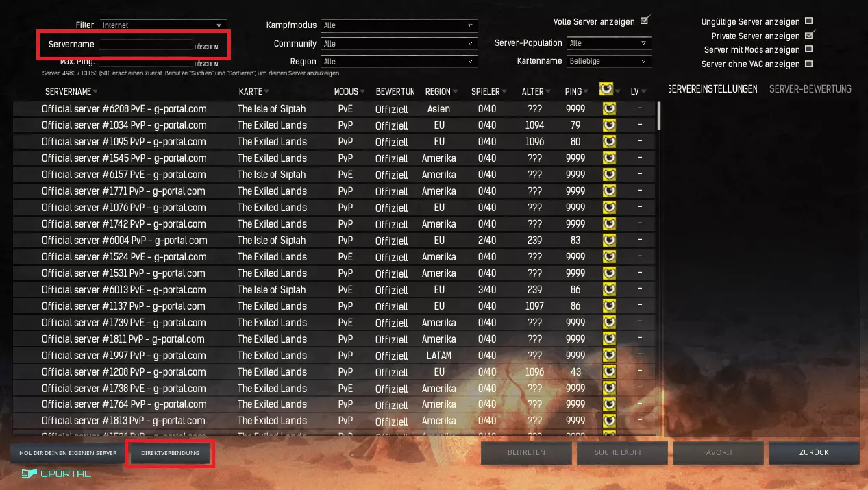 Server-Liste in Conan Exiles