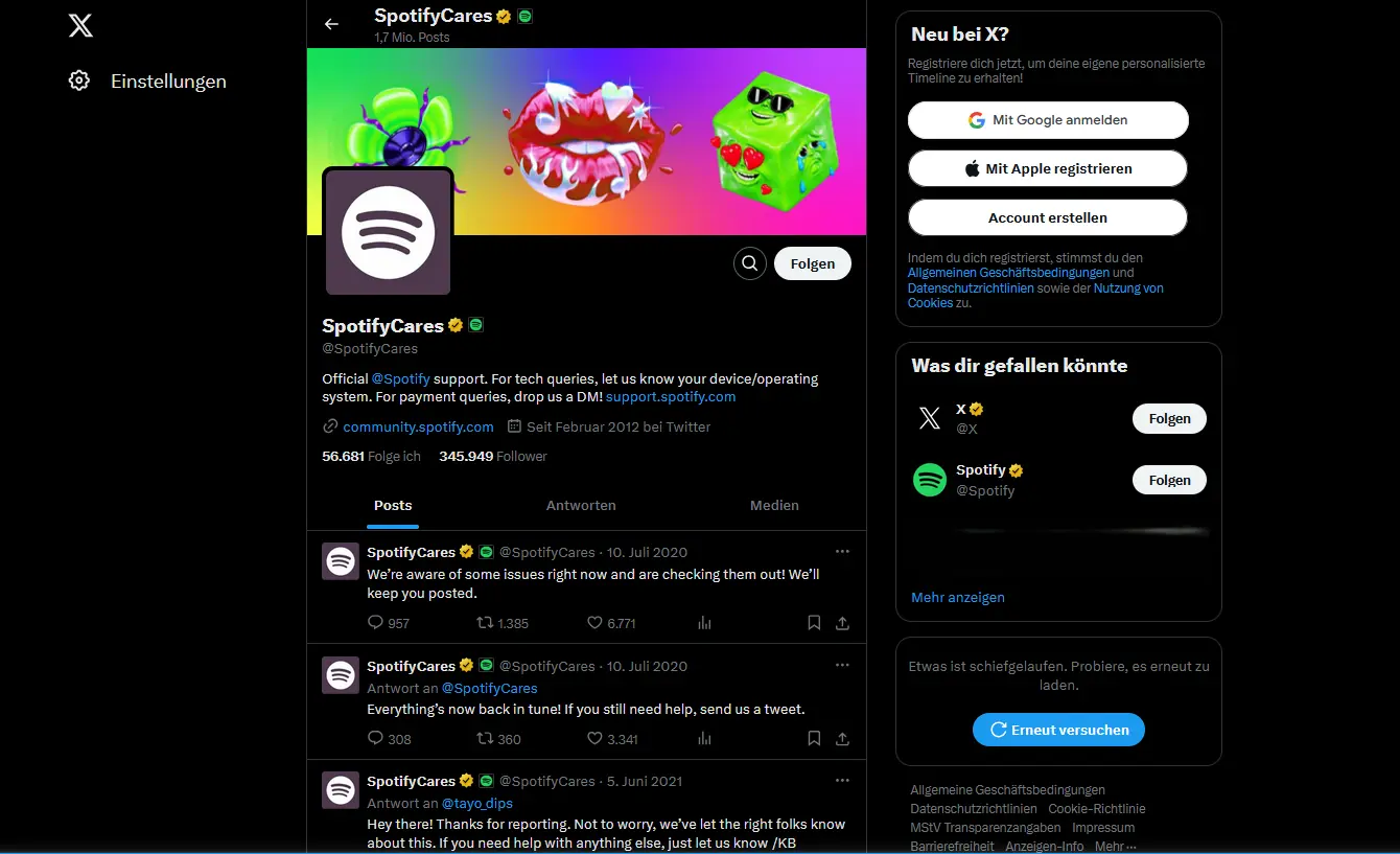 Screenshot der X-Seite von SpotifyCares Bild: Screenshot der X-Seite von SpotifyCares