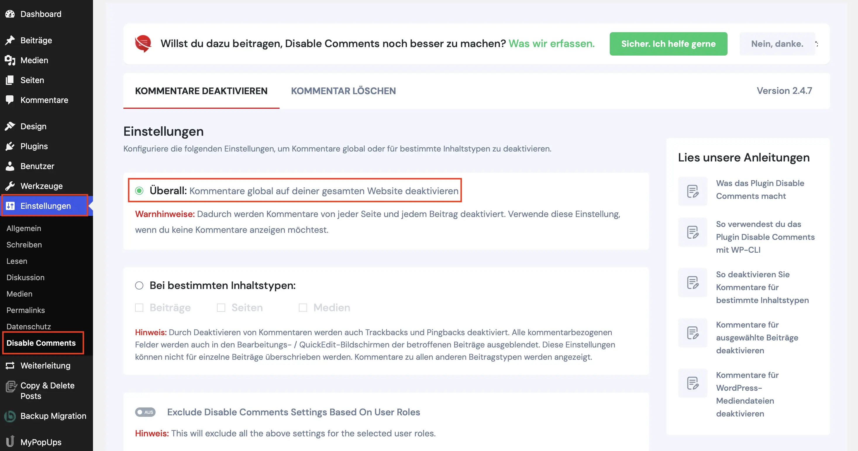 Bild: Backend des Plugins „Disable Comments“ – Kommentare deaktivieren mit Einstellungsmöglichkeiten