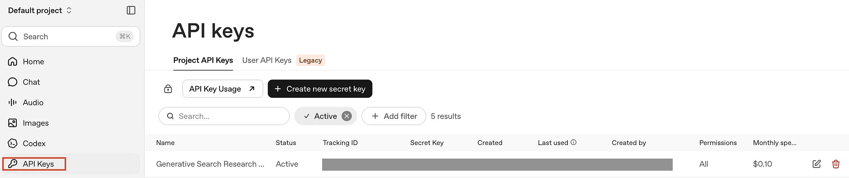 Bild: OpenAI: Liste aller API-Keys