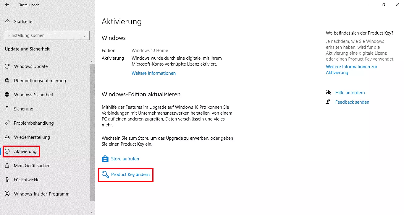 Bild: Windows-Aktivierung in den Einstellungen