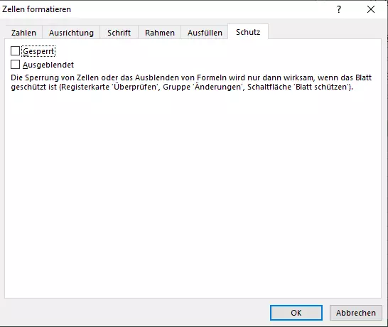 Bild: Abbildung des Dialogs „Zellen formatieren“, Karteikarte „Schutz“ 