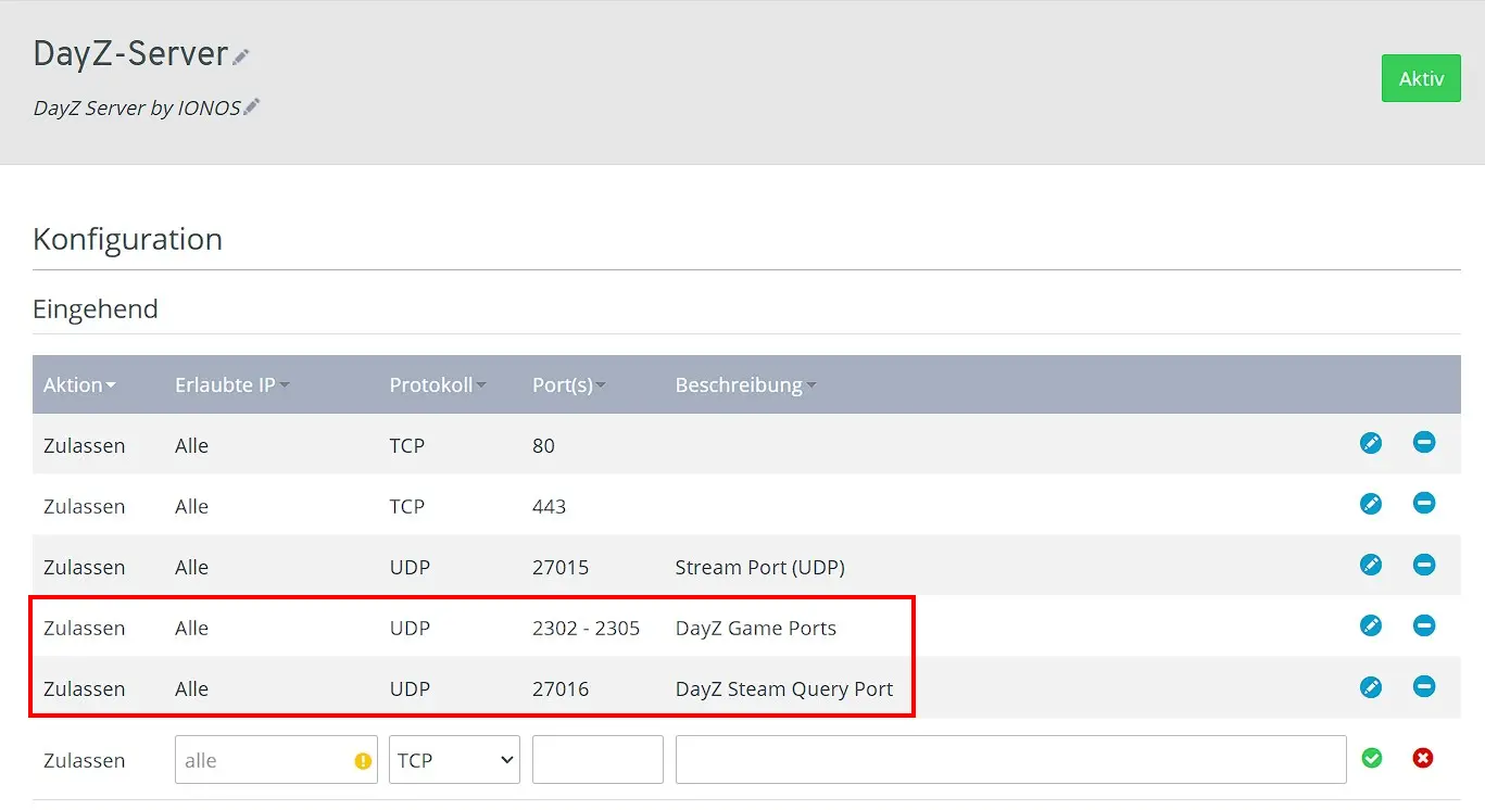 Bild: Freigegebene Ports im IONOS Cloud Panel