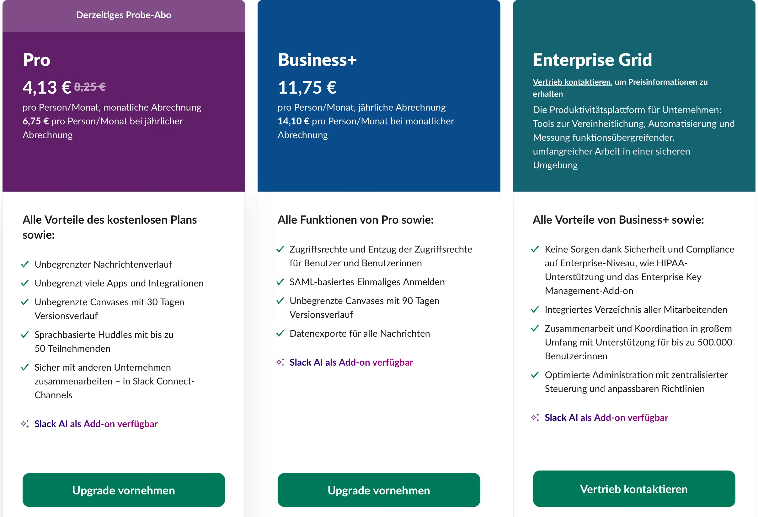 Bild: Screenshot der Tarife von Slack