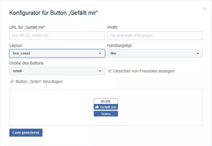 Bild: Zur Gestaltung des Like-Buttons bietet Facebook mehrere Optionen