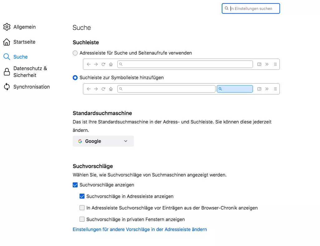 Bild: Die Sucheinstellungen von Firefox