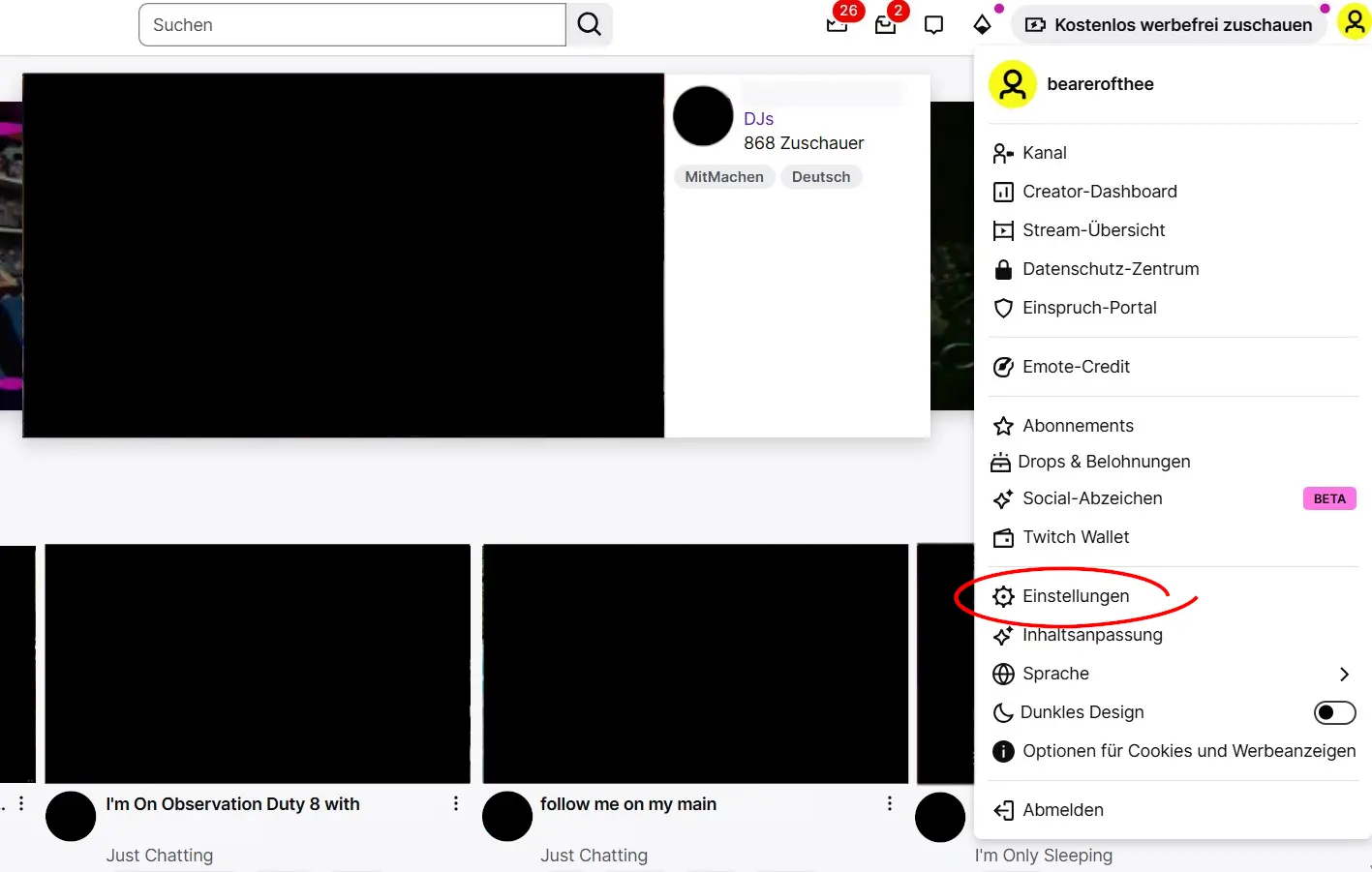 Bild: Menü unter dem Profilbild auf Twitch