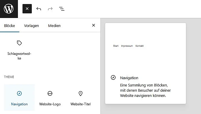Navigations-Block im WordPress-Editor Bild: Navigations-Block im WordPress-Editor