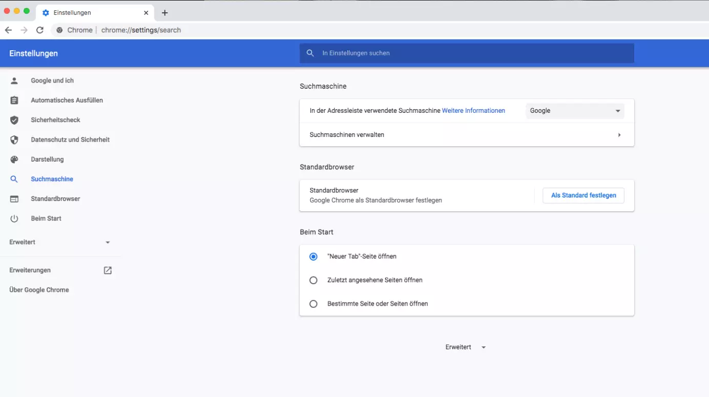 Bild: Google als Standardsuchmaschine bei Chrome festlegen