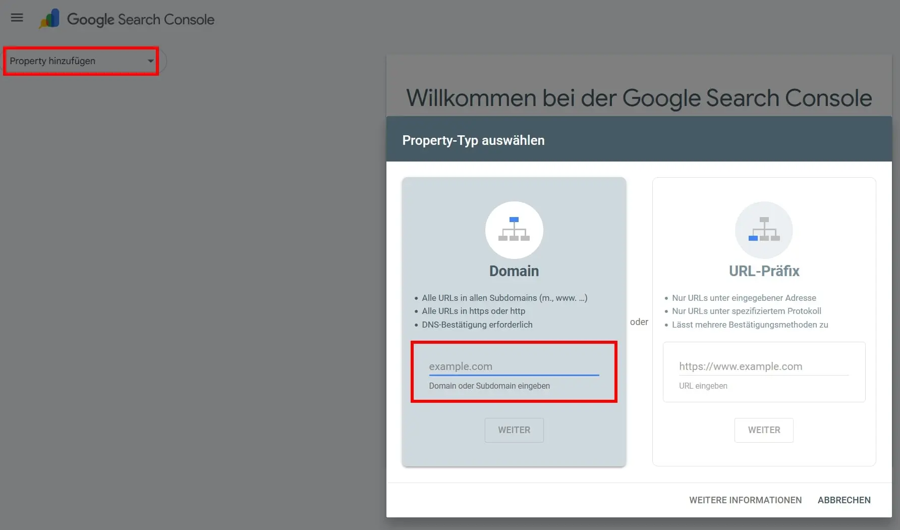 Bild: Google Search Console: Property hinzufügen
