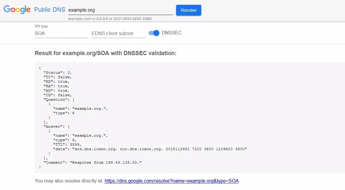 Bild: SOA-Record-Check bei Google Public DNS