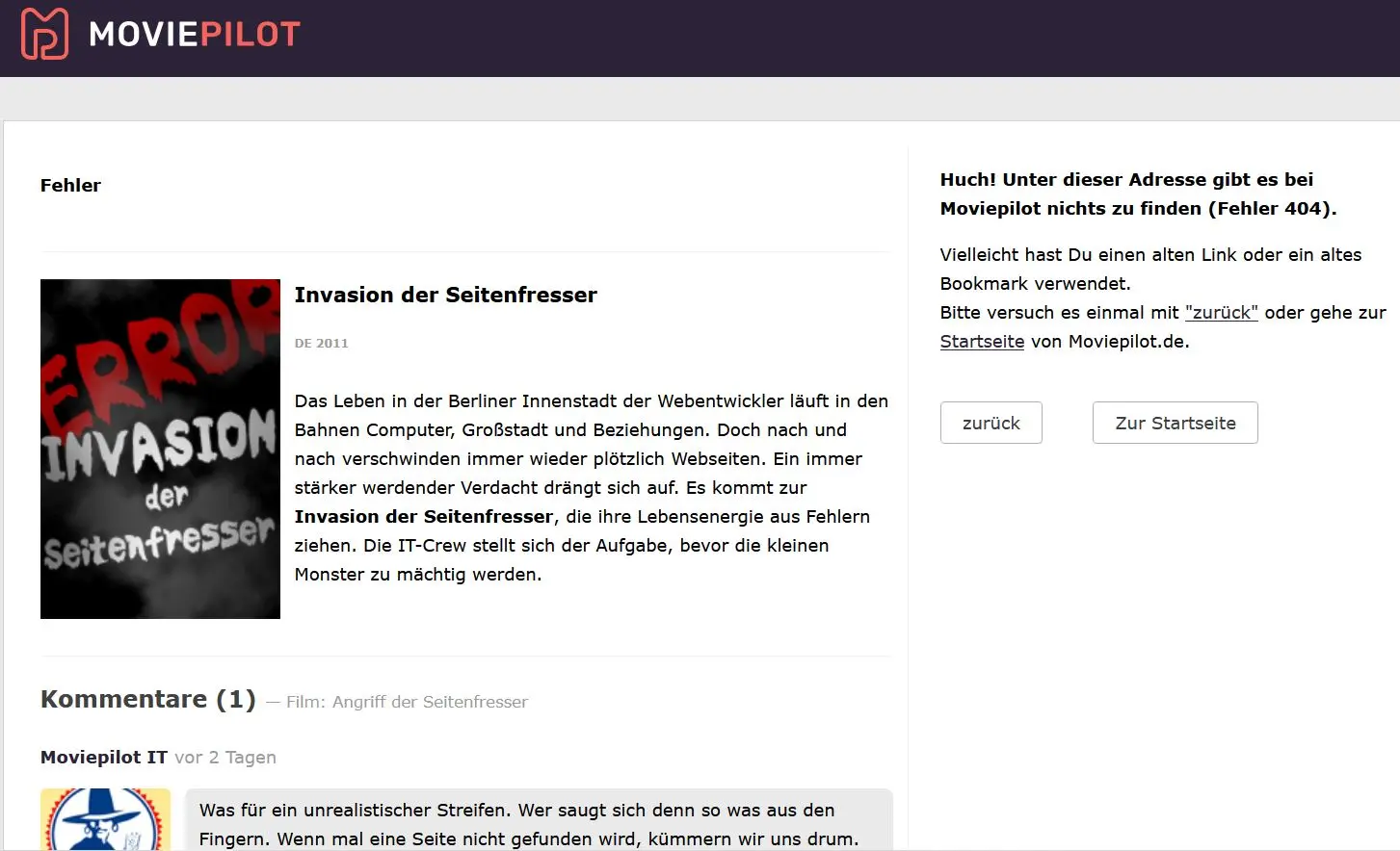 Bild: 404-Seite von Moviepilot