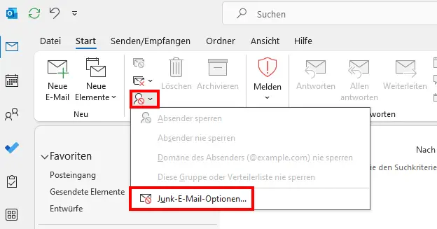 Bild: Junk-E-Mail-Optionen im klassischen Menüband von Outlook