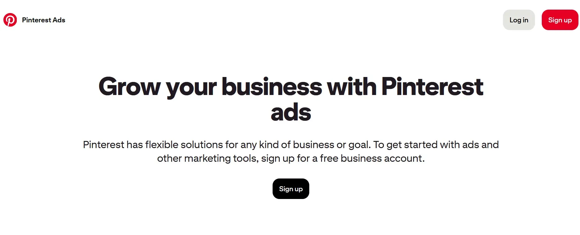 Bild: Startseite von Pinterest Ads mit Einstiegsbereich für Unternehmen und Werbekampagnen