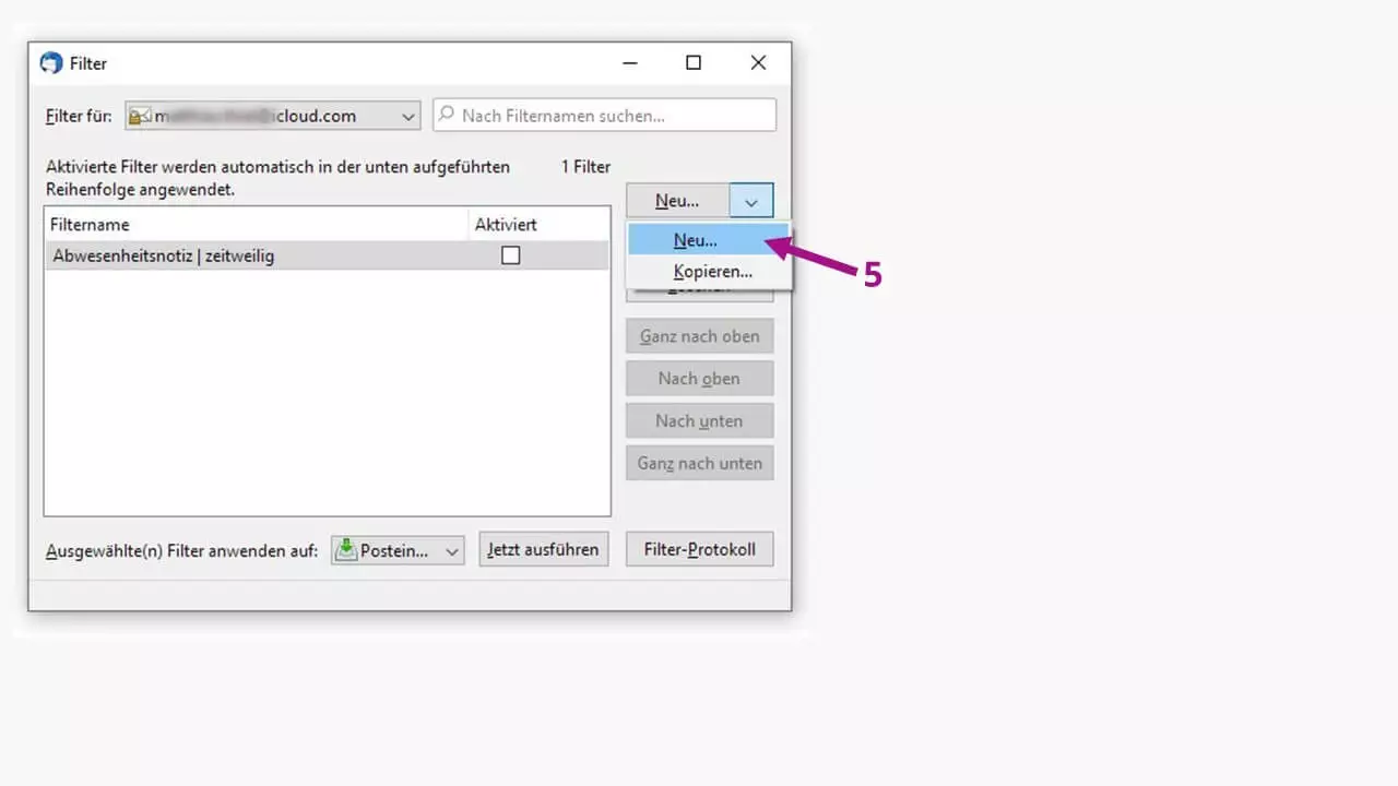 Bild: Thunderbird-Abwesenheitsnotiz einrichten: Einen neuen Filter konfigurieren
