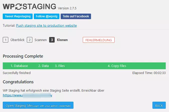 Bild: Erstellen der WordPress-Testumgebung mit dem Plugin WP Staging