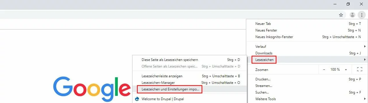 Bild: Hauptmenü von Google Chrome zum Importieren von Lesezeichen