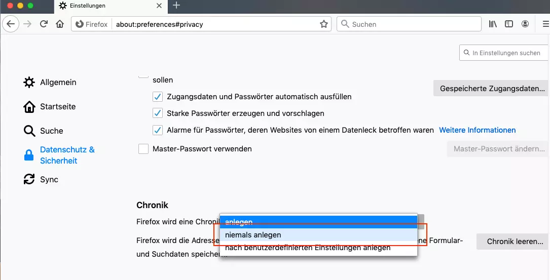 Chronik-Einstellungen im Bereich „Datenschutz & Sicherheit“