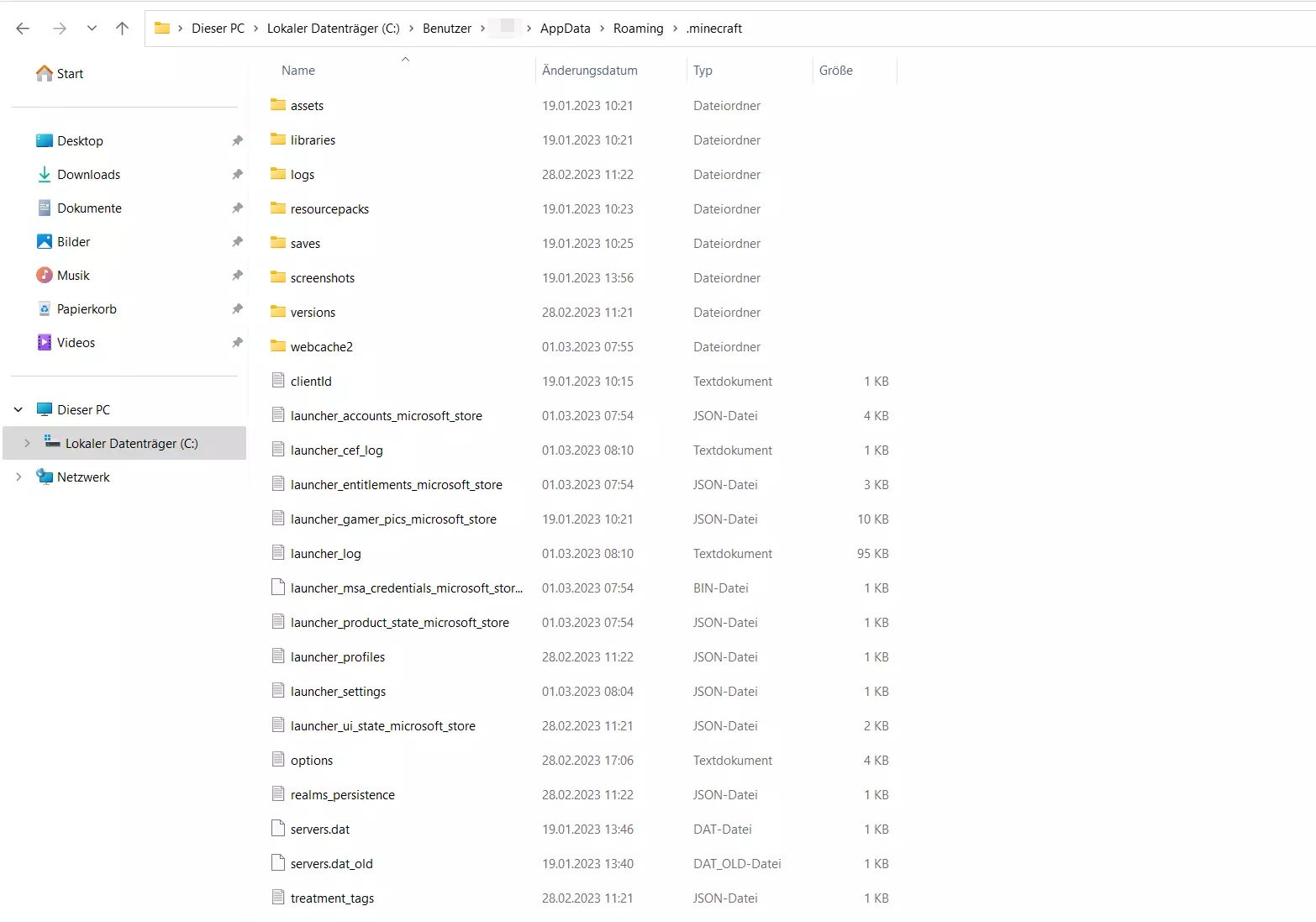 Ansicht des .minecraft-Ordners im AppData-Ordner Ansicht des .minecraft-Ordners im AppData-Ordner