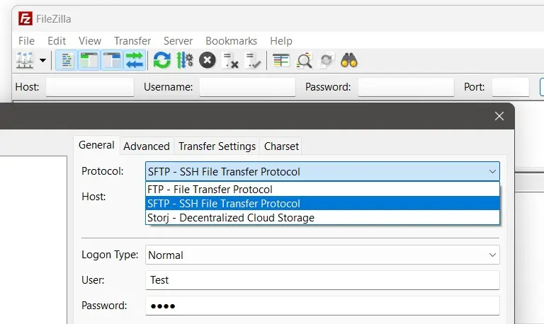 SFTP im Servermanager von FileZilla auswählen Bild: SFTP im Servermanager von FileZilla auswählen