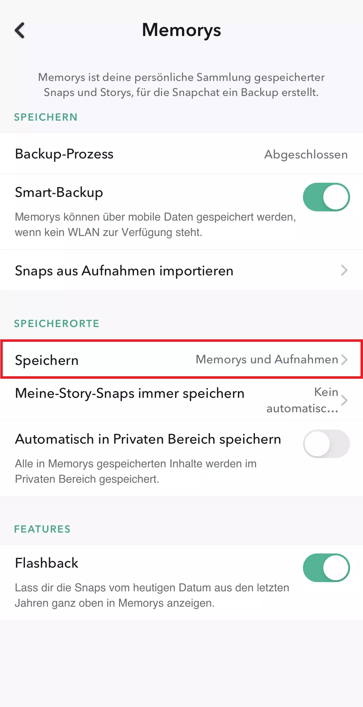 Auswahl des Speicherorts für aufgenommene Snaps Auswahl des Speicherorts für aufgenommene Snaps