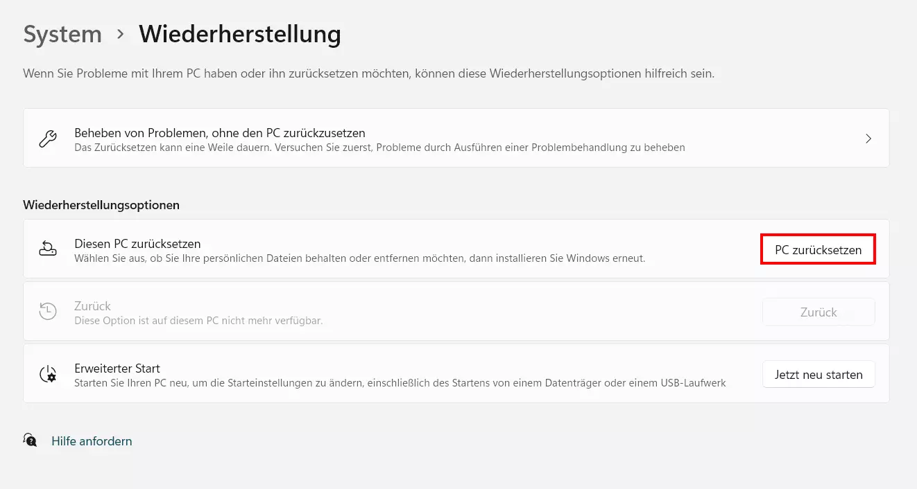 Windows-11-Menü „Wiederherstellung“