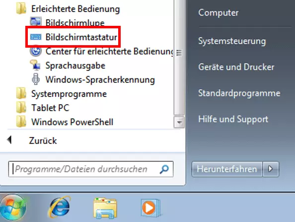 Mit einem Klick auf „Bildschirmtastatur“ öffnen Sie die visuelle Tastatur 